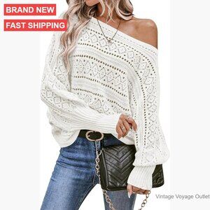 Oversized Off Shoulder Crochet Pullover Sweater Batwing Sleeve Fall Fashion